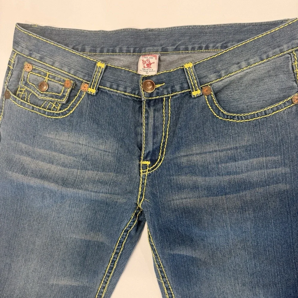 Y2K TRUE Religion World Tour Bobby Super T Men's 42 Jeans Neon Green‎ Stitch